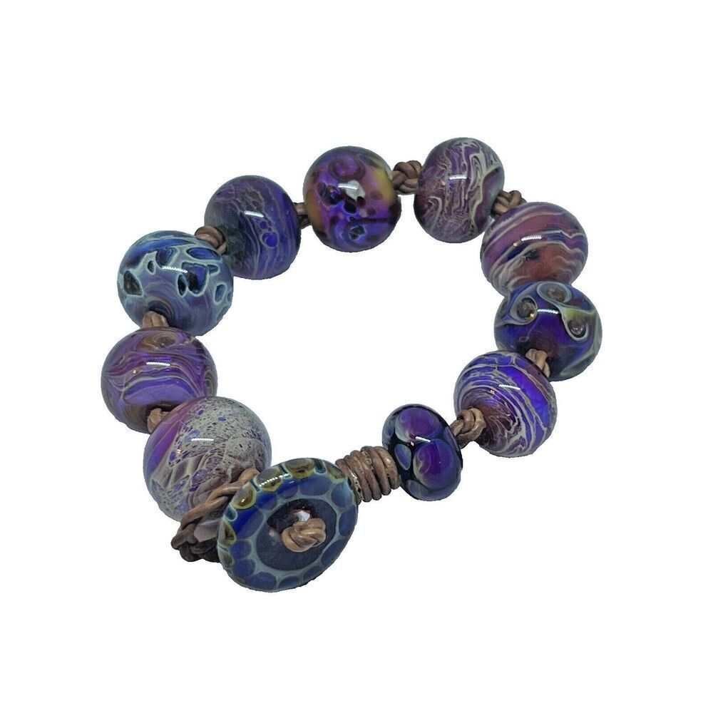 Santa Cruz Artist Made Lamp Worked Glass Bead Bracelet 9 3/4" OOAK Blue Purple - Picture 8 of 13